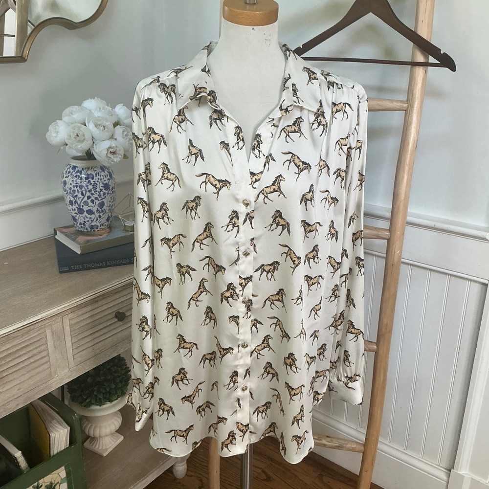River Island Horse Print Button Down Blouse White Brown US 14 Equestrian Relaxed